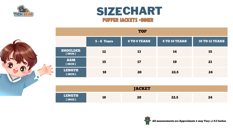 Size Chart for Puffer Jacket with Inner (Thermal Winter Wear)