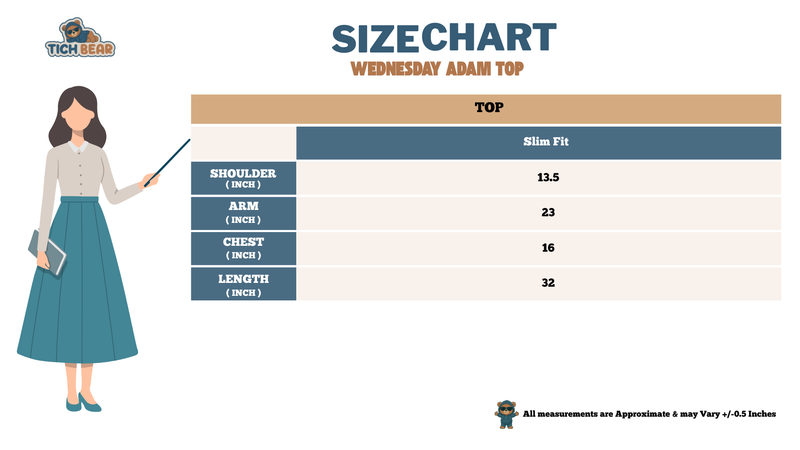 Size Chart for Wednesday Adam Inspired  Slim-Fit Wool Winter Suit – One-Piece Ladies Top
