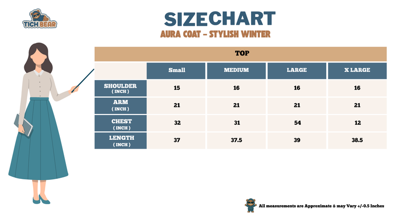 Size Chart for Aura Coat – Stylish Ladies’ Winter Coat from the Winter Collection