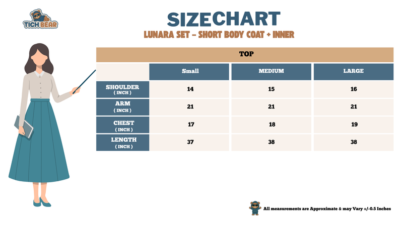 Size Chart for Lunara Set – Short Body Coat with Sleeveless Inner (Korean Winter Style)