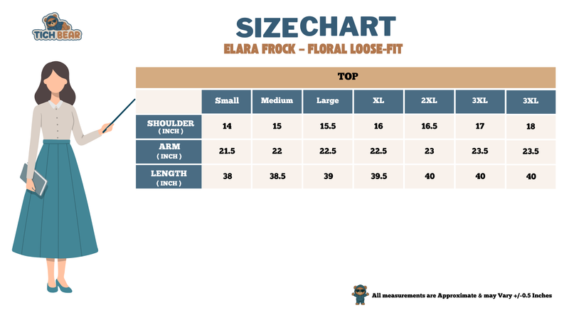 Size Chart for Elara Frock – Floral Loose-Fit Western Winter Dress