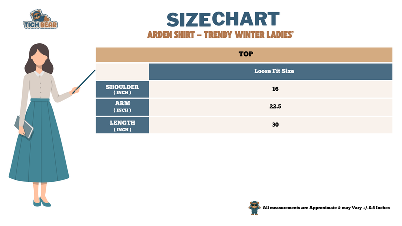 Size Chart for Arden Shirt – Trendy Winter Ladies’ Shirt (2026 Collection)