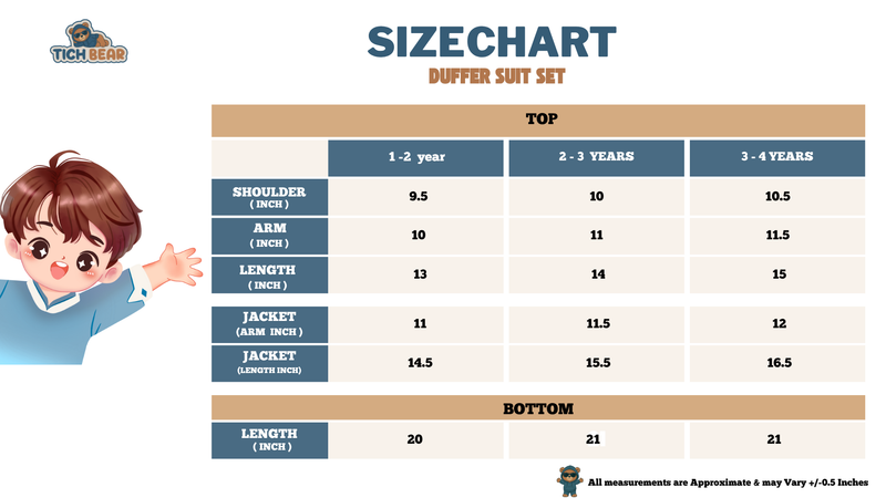 Size Chart for Premium 3-Piece Mickey Mouse Duffer Suit – Warm & Cozy Winter Set