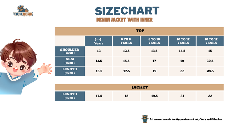 Size Chart for Kids Denim Jacket with Inner (Thermal Winter Wear)